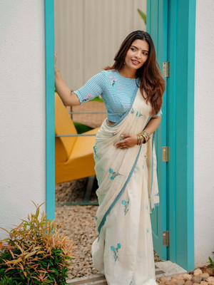 Sarth fashion Floral Print, Printed, Digital Print Bollywood Linen Saree(Light Blue)