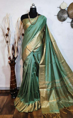 PRIYESHA TEXTILES Temple Border, Solid/Plain Bollywood Silk Blend, Cotton Linen Saree(Green)