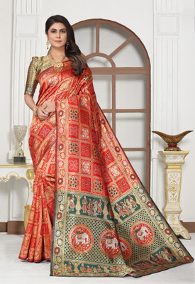 Perfect Wear Woven Patola Cotton Silk, Jacquard Saree(Green, Red)