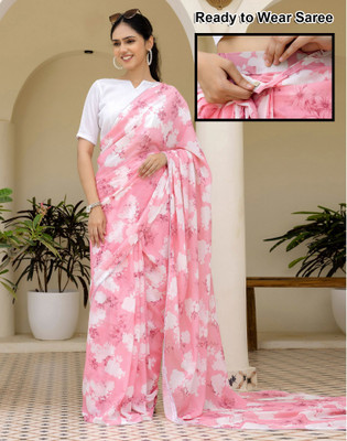Satrani Floral Print Daily Wear Georgette Saree(White, Pink)