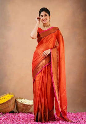 RIDDHIMAN FASHION Self Design Handloom Tissue Saree(Orange)