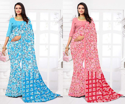 Panchvati NX Printed Daily Wear Georgette Saree(Pack of 2, Blue, Red)