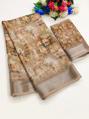Myraani Floral Print Daily Wear Cotton Linen Saree(Brown)