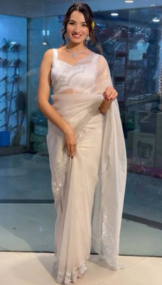 ZARISTACREATION Embroidered Bollywood Silk Blend Saree(White)