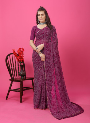 niseful Printed, Solid/Plain Bandhani Georgette, Silk Blend Saree(Pink)