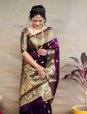 Omsaiarts Woven Kasavu Silk Blend Saree(Purple)