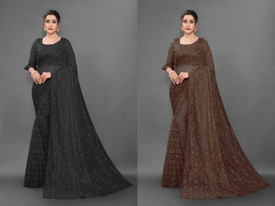Fashion Field Self Design Bollywood Net Saree(Pack of 2, Brown, Black)