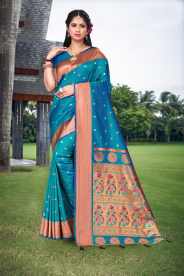 Rinkoo fashion Printed Chanderi Silk Blend Saree(Dark Blue)