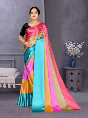shreeji creation Color Block Bollywood Satin Saree(Multicolor)