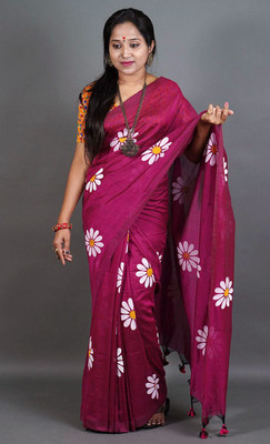 ANU INDIAN FASHION Printed, Floral Print Daily Wear Cotton Blend Saree(Maroon)