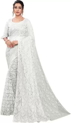 Nilkanthvarni Creation Self Design Bollywood Net Saree(White)