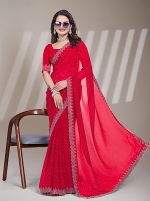 PRISHA Solid/Plain Bollywood Georgette Saree(Red)