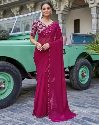 HouseOfCommon Solid/Plain Bollywood Georgette Saree(Pink)