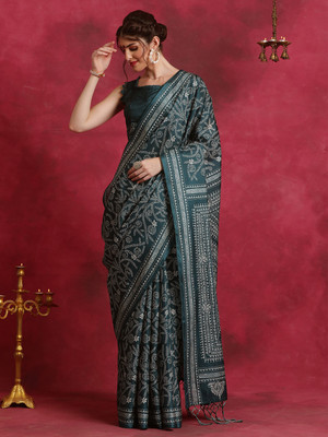 Tasrika Printed Hand Batik Silk Blend Saree(Grey)