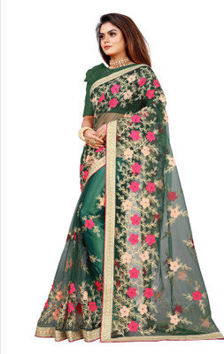 YASHVI Embroidered Bollywood Net Saree(Dark Green)