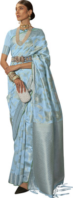 Akhilam Embroidered Kanjivaram Silk Blend Saree(Light Blue)