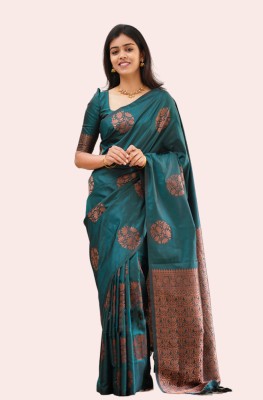 tapovan fashion Embellished, Self Design, Woven Kanjivaram Silk Blend, Jacquard Saree(Light Green)