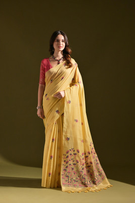 AWRIYA Woven Handloom Handloom Pure Cotton Saree(Yellow)