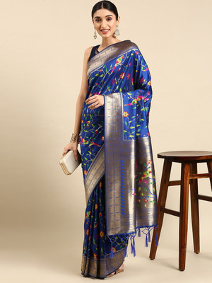 PANZORA Woven Paithani Silk Blend Saree(Blue)