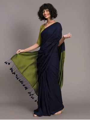 HouseOfCommon Solid/Plain Handloom Cotton Silk Saree(Dark Blue)