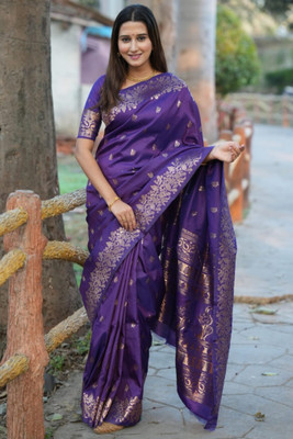 ROOP LAVANYA Woven Kanjivaram Cotton Linen, Jacquard Saree(Purple)
