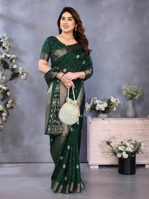 Magneitta Floral Print, Printed Bandhani Cotton Silk Saree(Dark Green)
