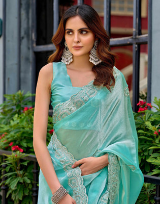 Satrani Embroidered, Embellished Bollywood Jimmy choo, Tissue Saree(Light Blue)