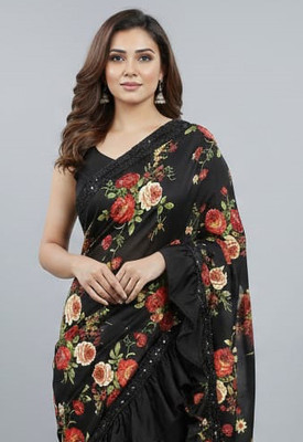 Anugrah Textile Embroidered Banarasi Lycra Blend, Chiffon Saree(Black)