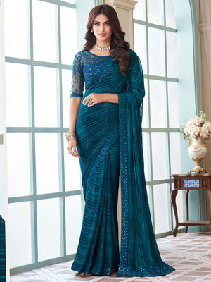 Divastri Embellished Bollywood Silk Blend Saree(Blue)