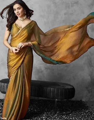 Krisha Fashion Solid/Plain Bollywood Jimmy choo Saree(Gold, Yellow)