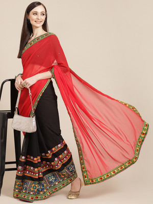 Divastri Embellished, Solid/Plain Bollywood Georgette Saree(Red, Black)