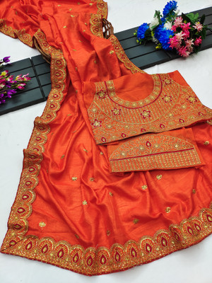 Vraj Textile Embroidered Chinnalapattu Pure Silk Saree(Orange)
