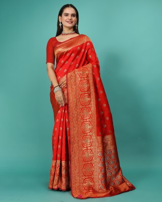 ISARA Floral Print Banarasi Silk Blend Saree(Red)