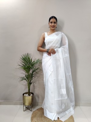 Aika Self Design Banarasi Cotton Silk Saree(White)