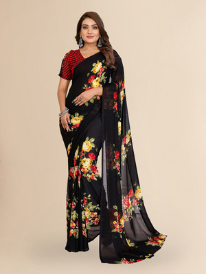 Moda Rapido Floral Print Daily Wear Georgette Saree(Black)