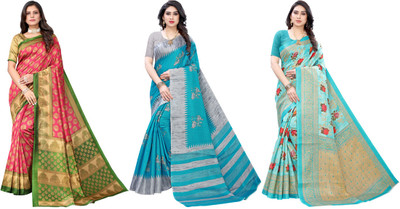 YASHIKA Printed Bollywood Art Silk Saree(Pack of 3, Pink, Grey, Blue)