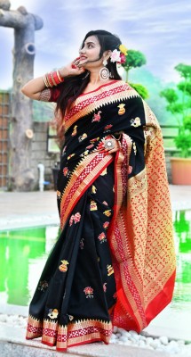 Galaxy Sarees Embroidered Sambalpuri Satin Saree(Black)