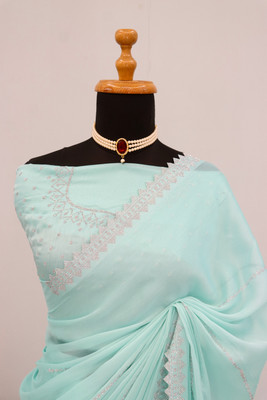 JennyFeb Villa Embellished Bollywood Pure Silk Saree(Light Blue)