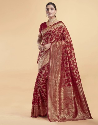 Houri Fab Woven, Embellished Banarasi Pure Silk, Jacquard Saree(Red)