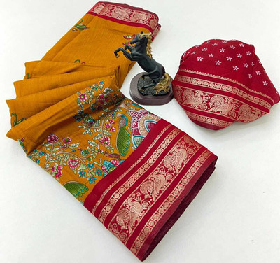 Sonal Woven Kalamkari Viscose Rayon Saree(Yellow, Red)