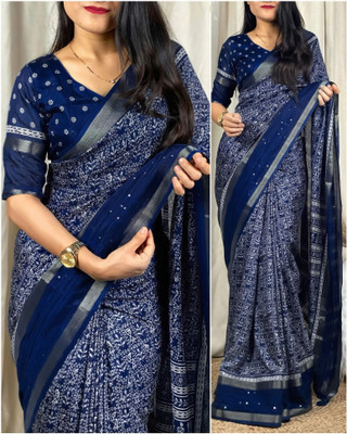 TEN R Printed Kalamkari Cotton Silk Saree(Dark Blue)