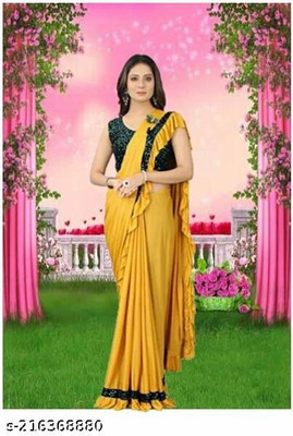 WOSTON Solid/Plain Bollywood Lycra Blend Saree(Yellow)
