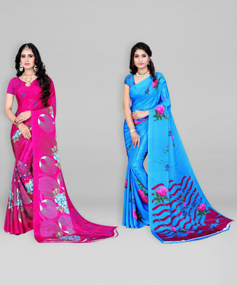 Leelavati Printed Daily Wear Crepe Saree(Pack of 2, Blue, Pink)