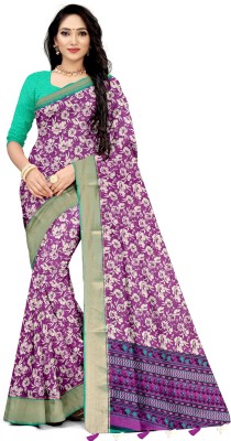 NANDI FAB Floral Print Bollywood Cotton Blend Saree(Purple)