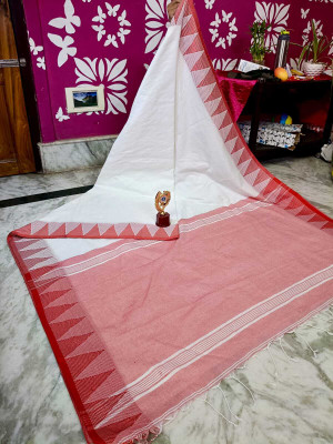 BDF Bikash Dutta Fashion Printed Handloom Cotton Silk Saree(White, Red)