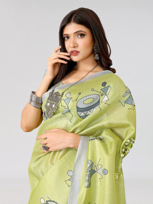 ANIRAV Printed Mysore Art Silk Saree(Green)
