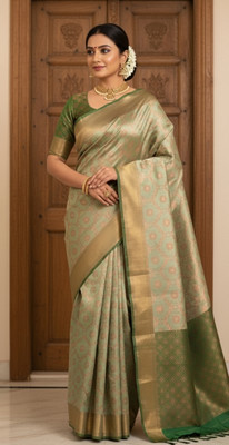 tecido trendze Woven, Temple Border Banarasi Jacquard Saree(Light Green, Green)