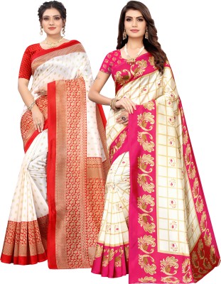 Madhumeena Printed Bollywood Art Silk Saree(Pack of 2, White, Pink)