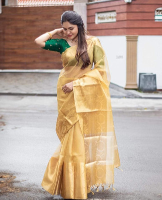 Nilofar Silk Saree Woven, Solid/Plain Banarasi Tissue Saree(Gold)