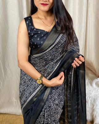 Sonika Fashions Printed Kalamkari Cotton Silk Saree(Black)